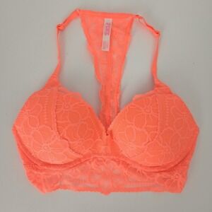 NWOT‎ PINK Victoria's Secret Neon Coral Orange Push-Up Lace Racerback Bra- Small